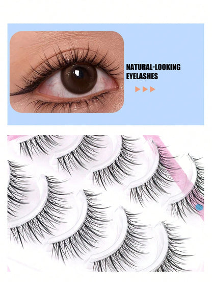 5 Pairs Pointed Tail Korean Manga Style Natural Thin Invisible Band Eyelashes, Natural Realistic C-Curl Exquisite Handmade Sweet Doll Big Eye Lashes