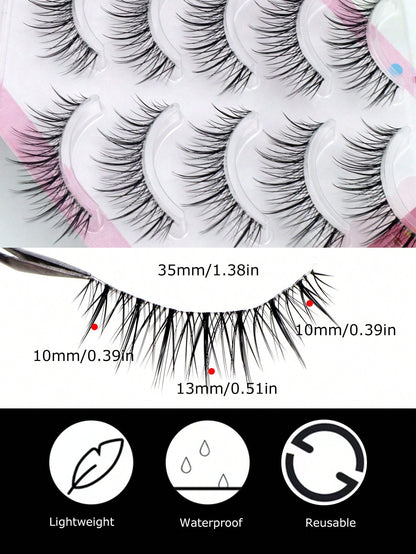 5 Pairs Pointed Tail Korean Manga Style Natural Thin Invisible Band Eyelashes, Natural Realistic C-Curl Exquisite Handmade Sweet Doll Big Eye Lashes