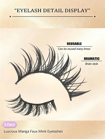 5 Pairs Wet Manga Anime Strip False Eyelashes, Spiky Wet Wispy Fake Lashes, Natural Layered Eyelash Extensions, Dramatic Thick Cat Eye Fluffy Strip Lashes, Reusable Eye Makeup Lashes Tools For Cosplay
