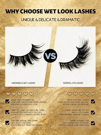 5 Pairs Wet Manga Style Strip False Eyelashes, Spiky Wet Look Anime Fake Lashes, Natural Wispy Layered Eyelash Extensions, Dramatic Cat Eye Fluffy Strip Lashes For Cosplay Party Daily Makeup Beauty Ey