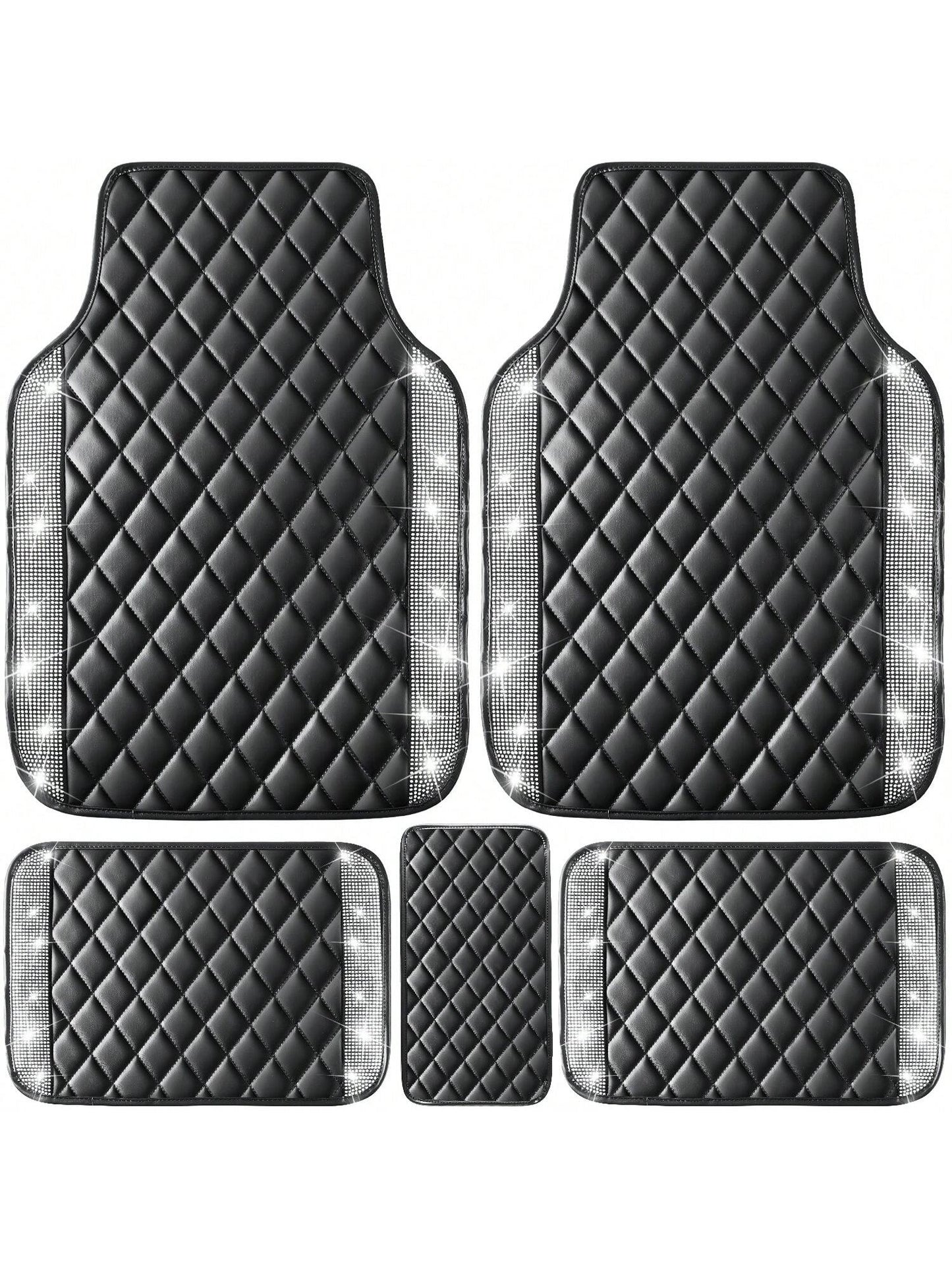 5 Pcs Bling Leather Car Mats Shining Artificial Diamond Floor Mats Crystal Rhinestone Sparkly Glitter Carpet Anti-Slip Waterproof Pad Universal Fit For Automotive SUV, Sedan, Van, Girl Women