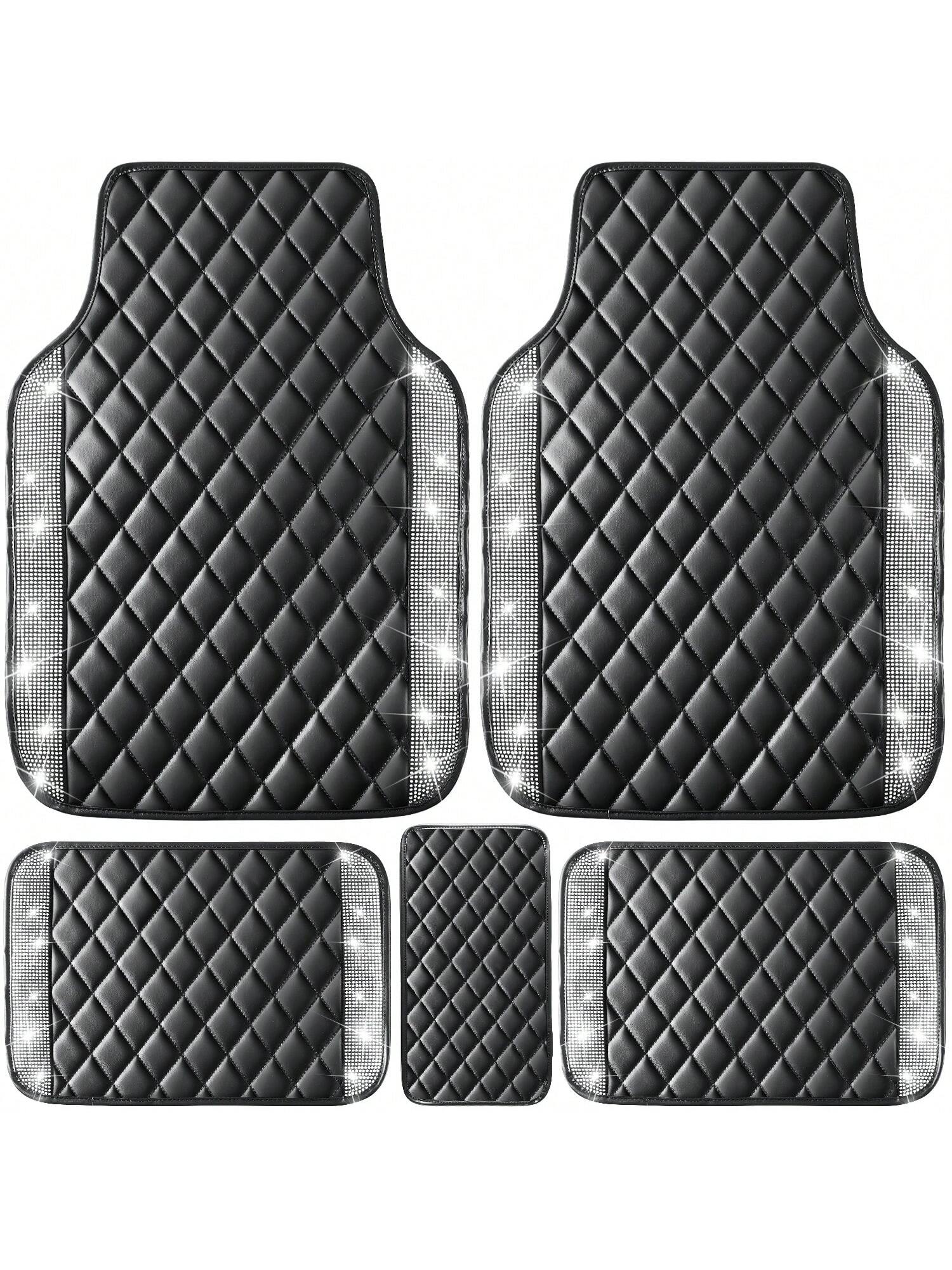 5 Pcs Bling Leather Car Mats Shining Artificial Diamond Floor Mats Crystal Rhinestone Sparkly Glitter Carpet Anti-Slip Waterproof Pad Universal Fit For Automotive SUV, Sedan, Van, Girl Women