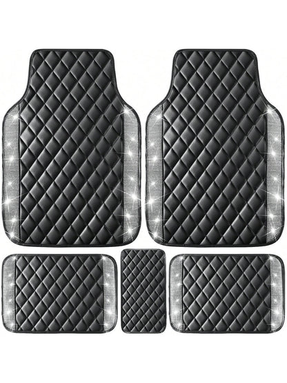 5 Pcs Bling Leather Car Mats Shining Artificial Diamond Floor Mats Crystal Rhinestone Sparkly Glitter Carpet Anti-Slip Waterproof Pad Universal Fit For Automotive SUV, Sedan, Van, Girl Women