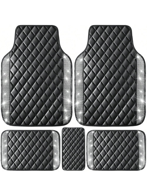 5 Pcs Bling Leather Car Mats Shining Artificial Diamond Floor Mats Crystal Rhinestone Sparkly Glitter Carpet Anti-Slip Waterproof Pad Universal Fit For Automotive SUV, Sedan, Van, Girl Women