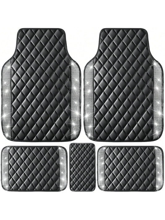 5 Pcs Bling Leather Car Mats Shining Artificial Diamond Floor Mats Crystal Rhinestone Sparkly Glitter Carpet Anti-Slip Waterproof Pad Universal Fit For Automotive SUV, Sedan, Van, Girl Women