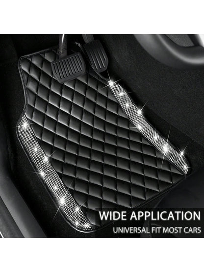 5 Pcs Bling Leather Car Mats Shining Artificial Diamond Floor Mats Crystal Rhinestone Sparkly Glitter Carpet Anti-Slip Waterproof Pad Universal Fit For Automotive SUV, Sedan, Van, Girl Women