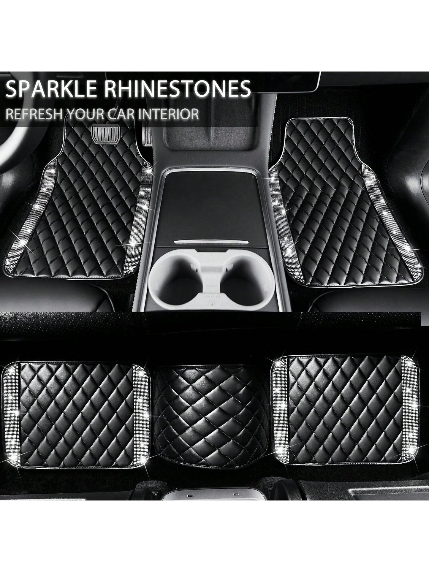 5 Pcs Bling Leather Car Mats Shining Artificial Diamond Floor Mats Crystal Rhinestone Sparkly Glitter Carpet Anti-Slip Waterproof Pad Universal Fit For Automotive SUV, Sedan, Van, Girl Women