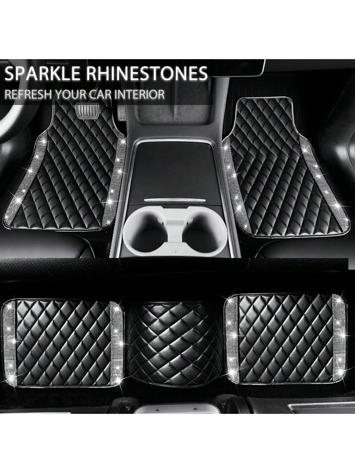 5 Pcs Bling Leather Car Mats Shining Artificial Diamond Floor Mats Crystal Rhinestone Sparkly Glitter Carpet Anti-Slip Waterproof Pad Universal Fit For Automotive SUV, Sedan, Van, Girl Women