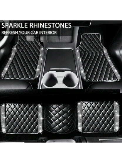 5 Pcs Bling Leather Car Mats Shining Artificial Diamond Floor Mats Crystal Rhinestone Sparkly Glitter Carpet Anti-Slip Waterproof Pad Universal Fit For Automotive SUV, Sedan, Van, Girl Women