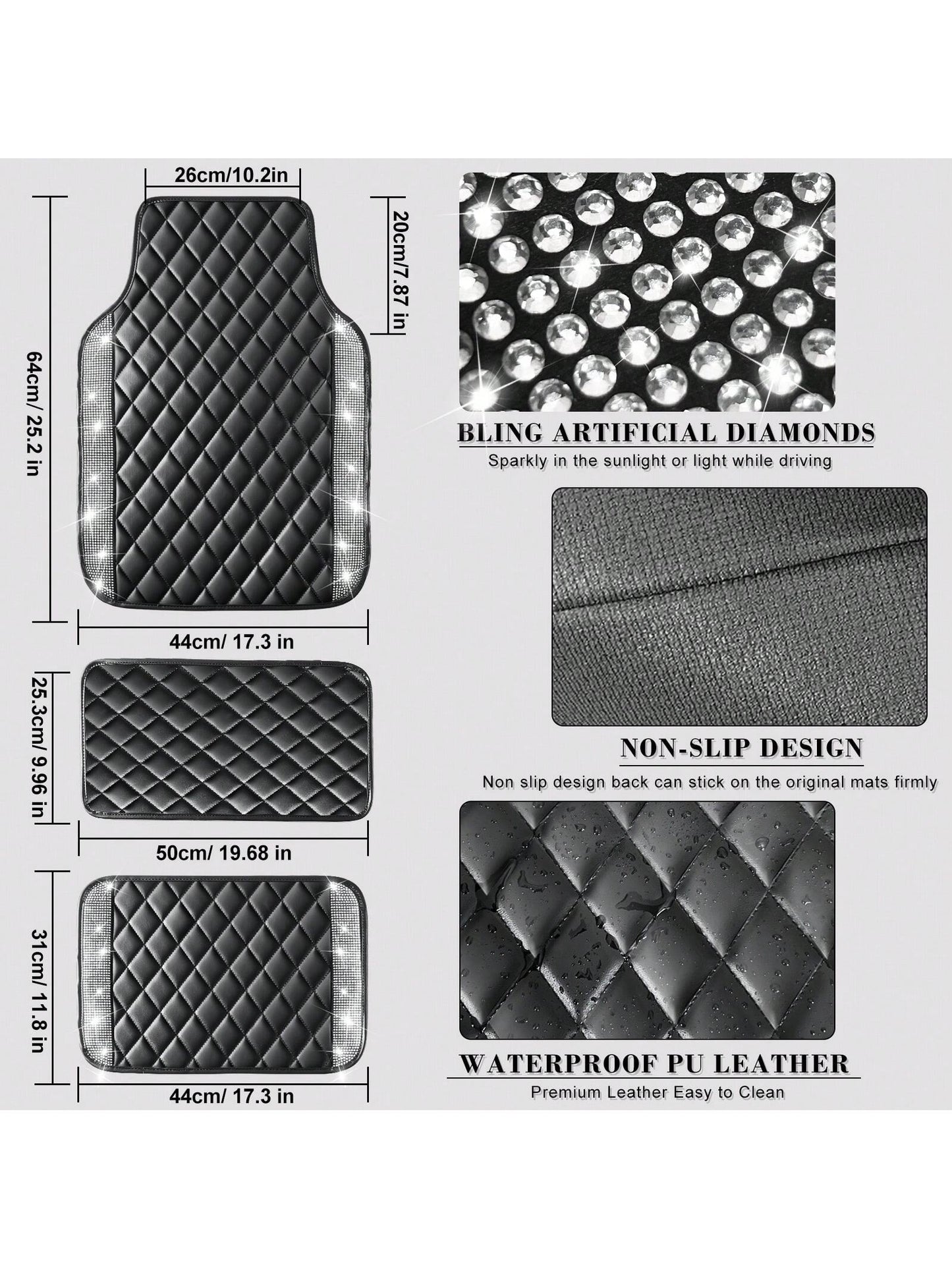 5 Pcs Bling Leather Car Mats Shining Artificial Diamond Floor Mats Crystal Rhinestone Sparkly Glitter Carpet Anti-Slip Waterproof Pad Universal Fit For Automotive SUV, Sedan, Van, Girl Women