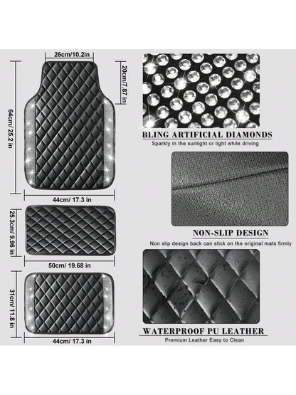 5 Pcs Bling Leather Car Mats Shining Artificial Diamond Floor Mats Crystal Rhinestone Sparkly Glitter Carpet Anti-Slip Waterproof Pad Universal Fit For Automotive SUV, Sedan, Van, Girl Women