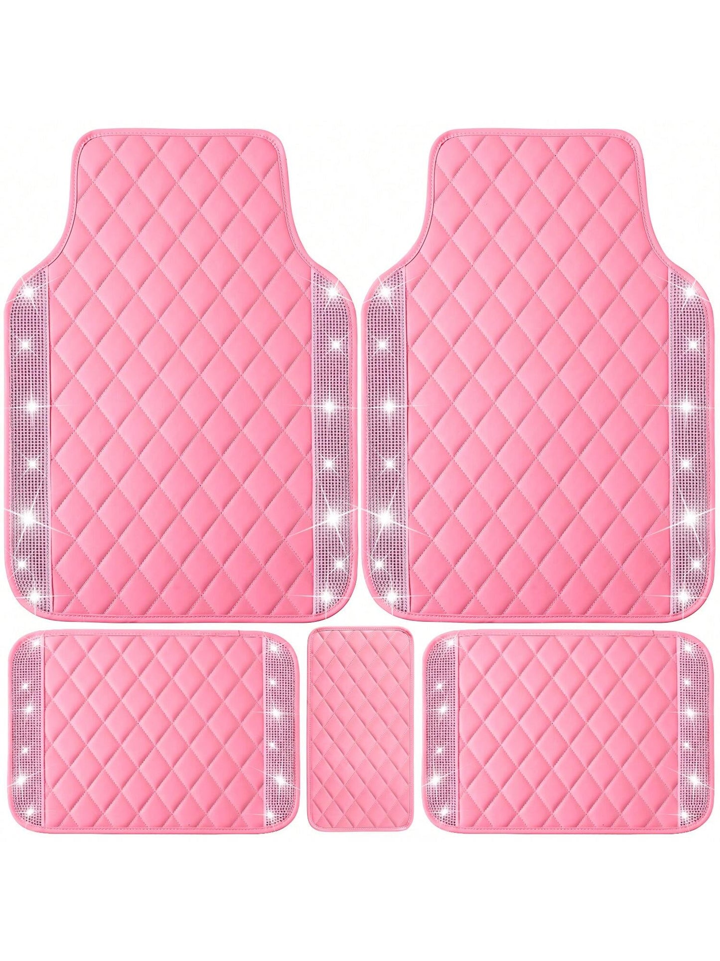 5 Pcs Bling Leather Car Mats Shining Artificial Diamond Floor Mats Crystal Rhinestone Sparkly Glitter Carpet Anti-Slip Waterproof Pad Universal Fit For Automotive SUV, Sedan, Van, Girl Women