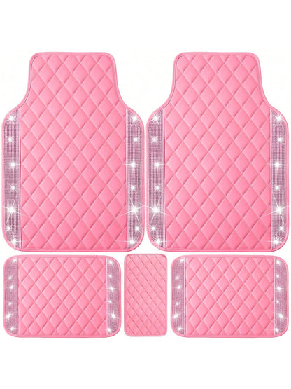 5 Pcs Bling Leather Car Mats Shining Artificial Diamond Floor Mats Crystal Rhinestone Sparkly Glitter Carpet Anti-Slip Waterproof Pad Universal Fit For Automotive SUV, Sedan, Van, Girl Women