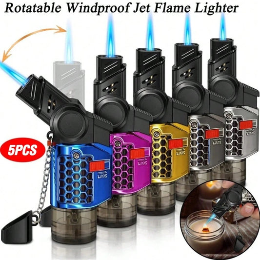 5 Pcs Mini Torch Lighter, Windproof Lighters 30° & 45° Rotatable Jet Flame With Safety Lock, Butane Gas Refill Lighters For Candle, Stove, Fireplace (NO Gas)