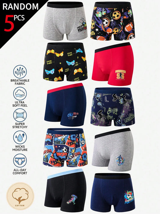 [5 Random Piece]Teen Boys Minimalist Fashion Game Console & Football Sports Print Random 5pcs Modal Cotton Comfortable Soft Square Leg Boxer Briefs