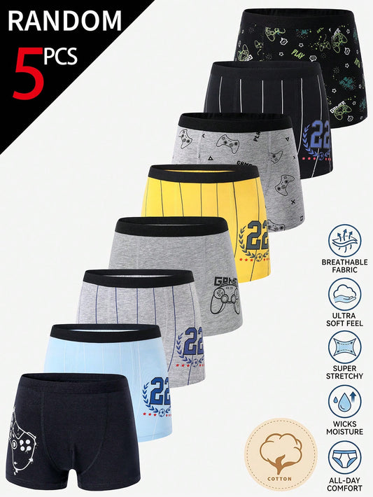 [5 Random Piece] Teenage Boys' Minimalist Fashion Video Game & Stripe Print Breathable Cotton Soft Briefs