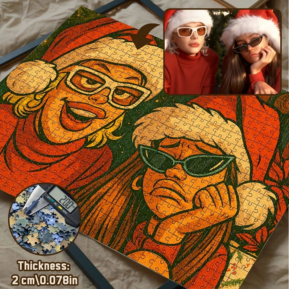 500/1000pcs Custom Photo Puzzles| Personalized Family And Pet Portraits, Fun Cartoon Art, Ideal For Christmas And Valentine'S Day Gifts, Light Brown Fiberboard, Portable For Beginners