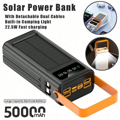 50000mAh Large Capacity Solar Charger Power Bank Solar Power Bank Mobile Power Supply, Outdoor Travel/Camping Emergency Power Supply, Fast Charging PD 22.5W Equipped With Camping Light/Removable Data