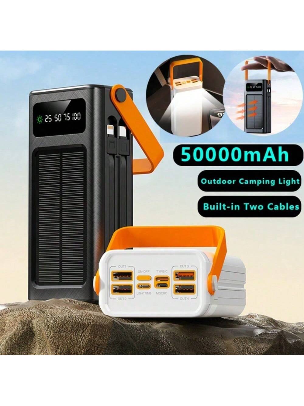 50000mAh Large Capacity Solar Charger Power Bank Solar Power Bank Mobile Power Supply, Outdoor Travel/Camping Emergency Power Supply, Fast Charging PD 22.5W Equipped With Camping Light/Removable Data
