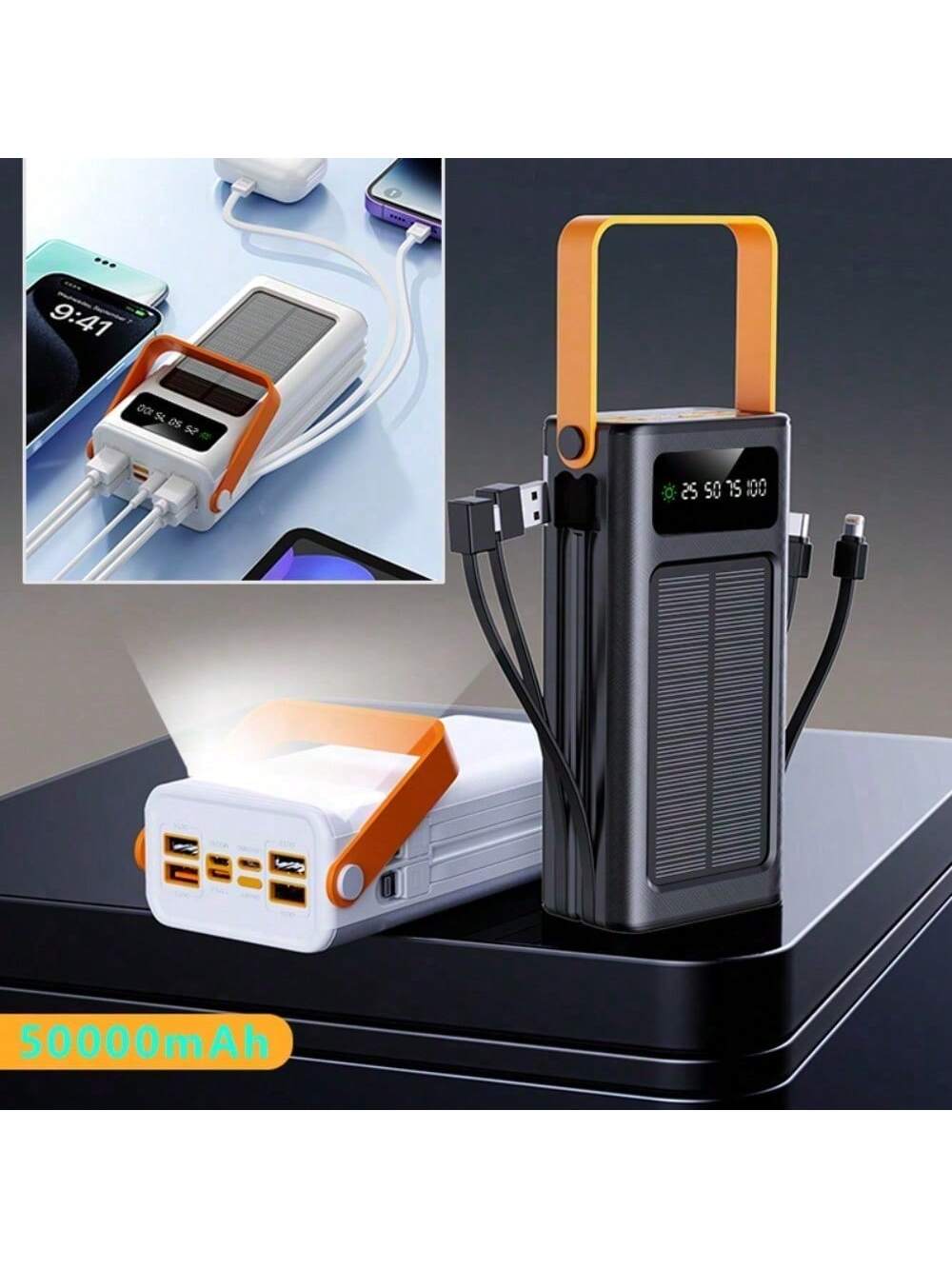 50000mAh Large Capacity Solar Charger Power Bank Solar Power Bank Mobile Power Supply, Outdoor Travel/Camping Emergency Power Supply, Fast Charging PD 22.5W Equipped With Camping Light/Removable Data
