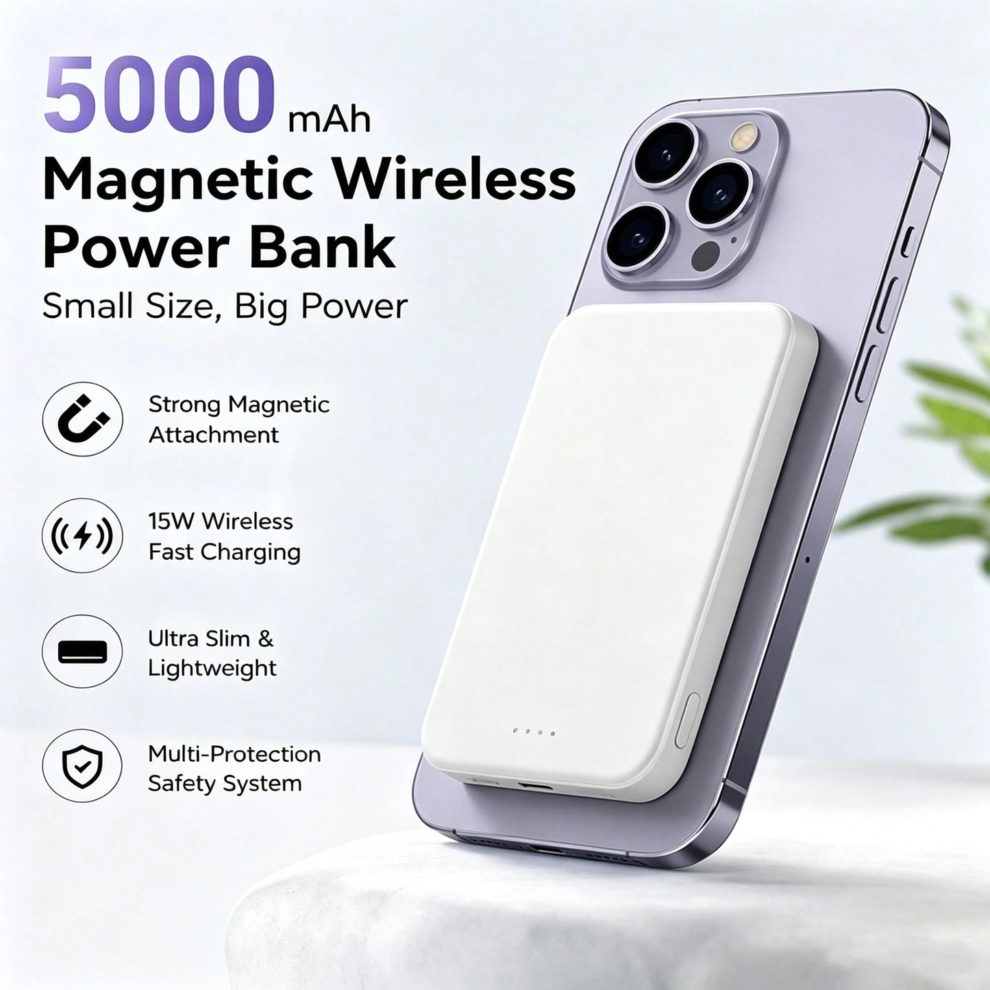 5000mAh Magnetic Power Bank, Slim Wireless Portable Charger With Fast Charging, MagSafe Compatible Battery Pack For IPhone 17/16/15/14/13/12 Series, Travel Charger