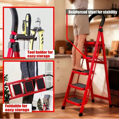500lbs Load-Bearing Folding Step Ladder, Heavy-Duty Steel Portable Ladder With Anti-Slip Wide Treads, Convenient Handrails & Safety Lock Design, Sturdy Step Stool For Home, Kitchen, Garage & Office Us