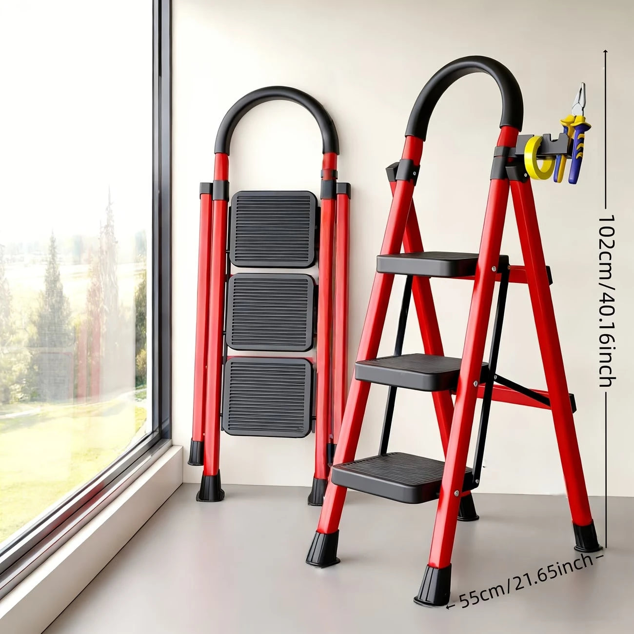 500lbs Load-Bearing Folding Step Ladder, Heavy-Duty Steel Portable Ladder With Anti-Slip Wide Treads, Convenient Handrails & Safety Lock Design, Sturdy Step Stool For Home, Kitchen, Garage & Office Us