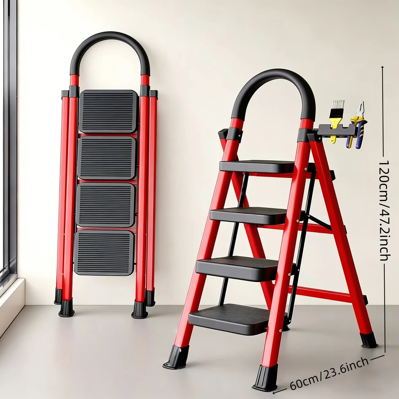 500lbs Load-Bearing Folding Step Ladder, Heavy-Duty Steel Portable Ladder With Anti-Slip Wide Treads, Convenient Handrails & Safety Lock Design, Sturdy Step Stool For Home, Kitchen, Garage & Office Us
