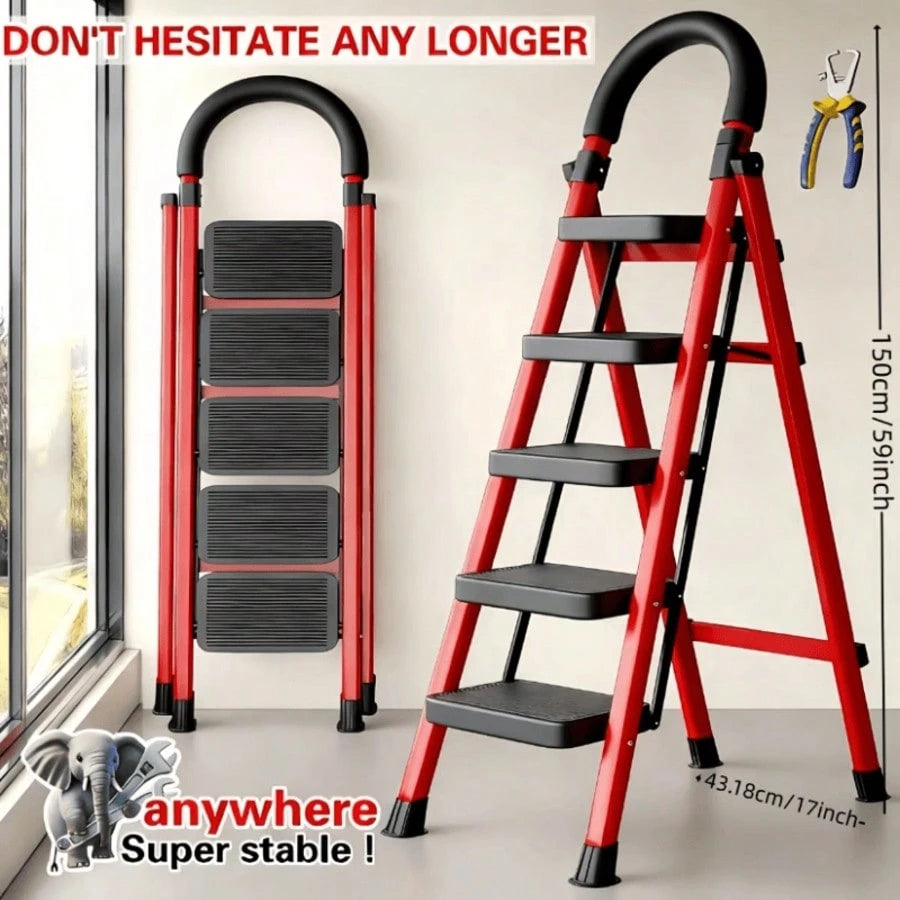 500lbs Load-Bearing Folding Step Ladder, Heavy-Duty Steel Portable Ladder With Anti-Slip Wide Treads, Convenient Handrails & Safety Lock Design, Sturdy Step Stool For Home, Kitchen, Garage & Office Us