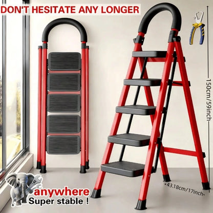 500lbs Load-Bearing Folding Step Ladder, Heavy-Duty Steel Portable Ladder With Anti-Slip Wide Treads, Convenient Handrails & Safety Lock Design, Sturdy Step Stool For Home, Kitchen, Garage & Office Us