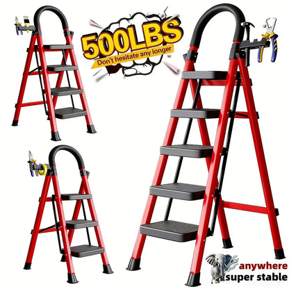 500lbs Load-Bearing Folding Step Ladder, Heavy-Duty Steel Portable Ladder With Anti-Slip Wide Treads, Convenient Handrails & Safety Lock Design, Sturdy Step Stool For Home, Kitchen, Garage & Office Us