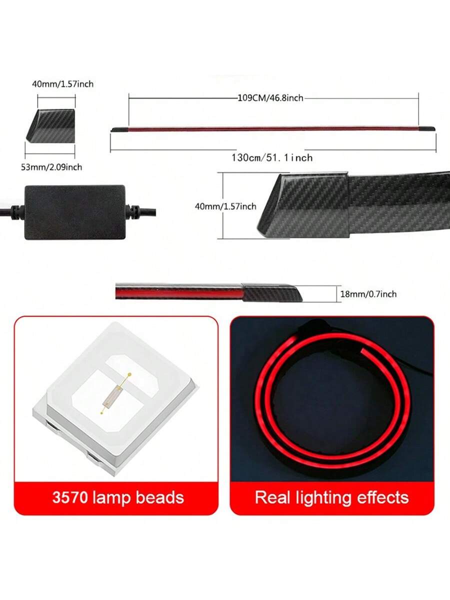 51 Inch Car Spoiler Light Strip, Carbon Fiber Automotive Streamlined Tail Light Strip With Turning Parking Alert Function, Red LED Light Strip Splitter, Automotive Tail Fitting, Durable And High Brigh