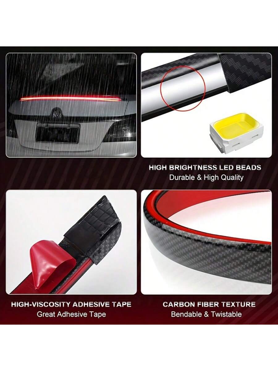 51 Inch Car Spoiler Light Strip, Carbon Fiber Automotive Streamlined Tail Light Strip With Turning Parking Alert Function, Red LED Light Strip Splitter, Automotive Tail Fitting, Durable And High Brigh
