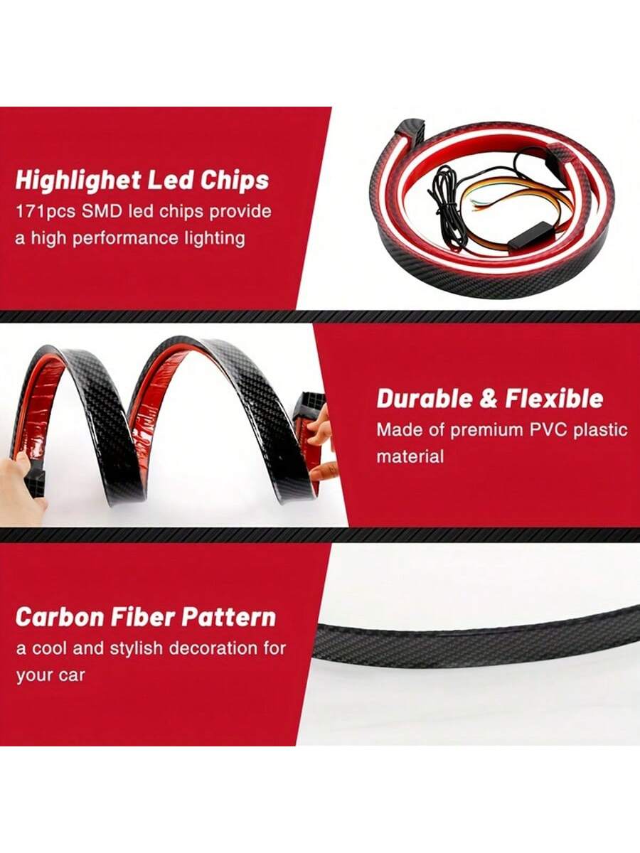 51 Inch Car Spoiler Light Strip, Carbon Fiber Automotive Streamlined Tail Light Strip With Turning Parking Alert Function, Red LED Light Strip Splitter, Automotive Tail Fitting, Durable And High Brigh