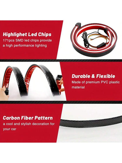51 Inch Car Spoiler Light Strip, Carbon Fiber Automotive Streamlined Tail Light Strip With Turning Parking Alert Function, Red LED Light Strip Splitter, Automotive Tail Fitting, Durable And High Brigh