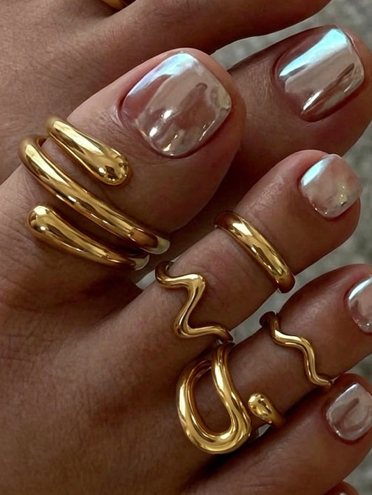 5pcs Beach Vacation Style Asymmetrical Water Drop Curved Toe Ring Set, Suitable For Daily Wear And Beach Vacation, Small Gift For Friends