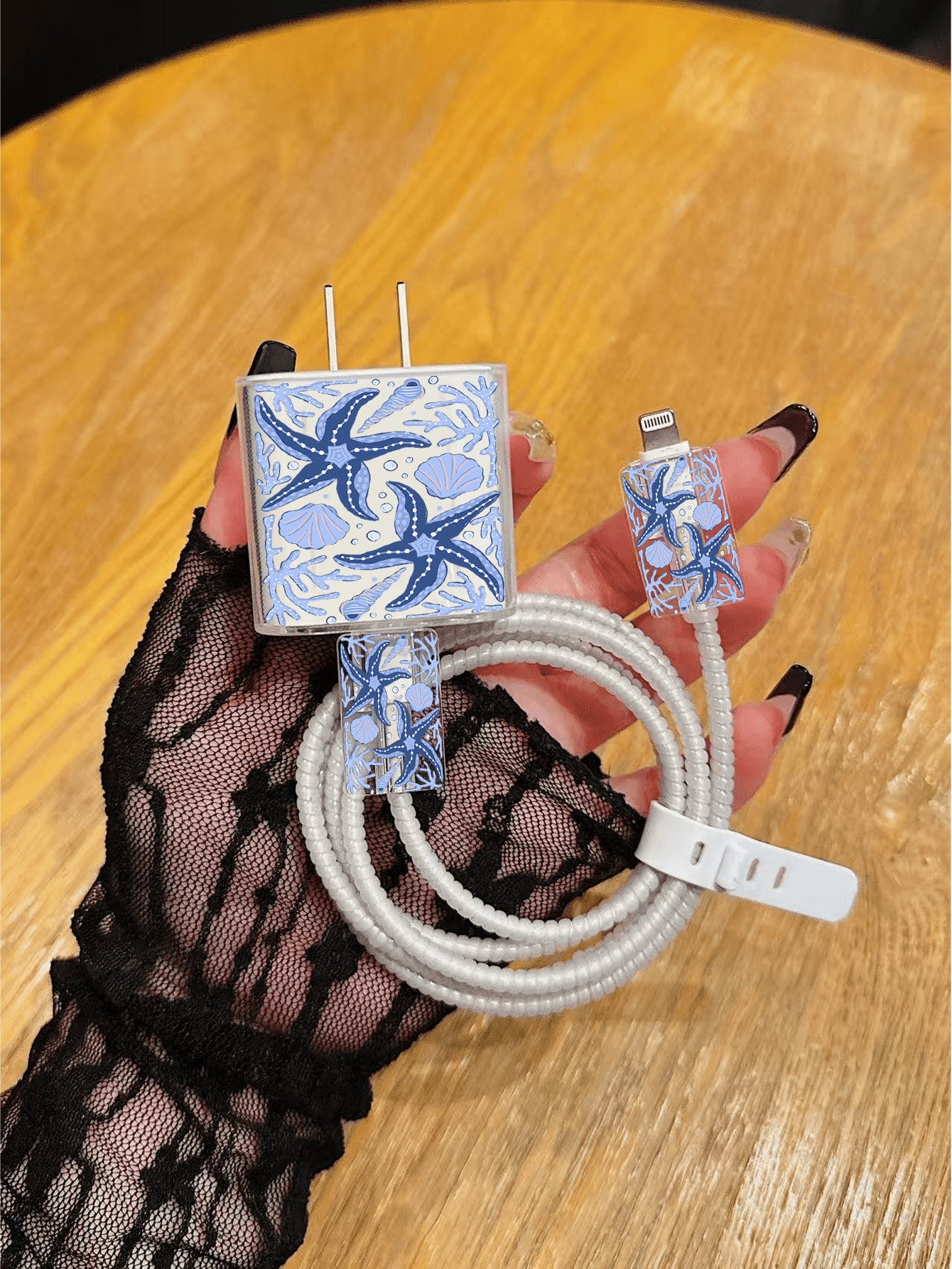 5pcs Charger Protective Case Set, Ocean Element Shell & Starfish Pattern, Includes Data Cable Storage Accessories, 20W/18W Charging Adapter And Adapter Head Cover, Compatible With Apple 11/12/13/14/15