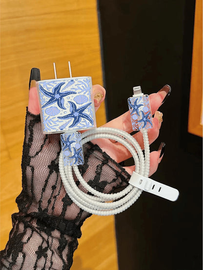 5pcs Charger Protective Case Set, Ocean Element Shell & Starfish Pattern, Includes Data Cable Storage Accessories, 20W/18W Charging Adapter And Adapter Head Cover, Compatible With Apple 11/12/13/14/15