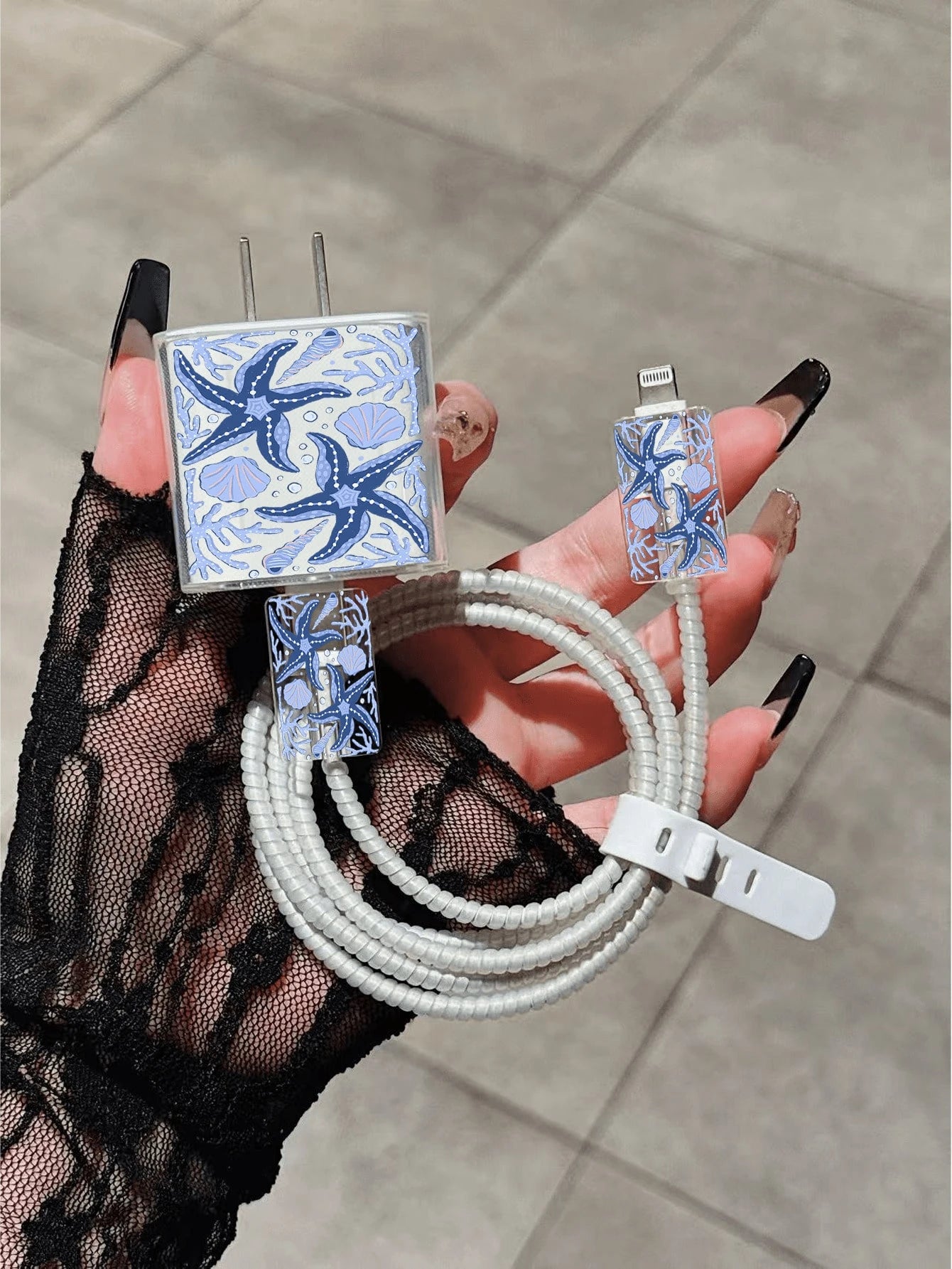 5pcs Charger Protective Case Set, Ocean Element Shell & Starfish Pattern, Includes Data Cable Storage Accessories, 20W/18W Charging Adapter And Adapter Head Cover, Compatible With Apple 11/12/13/14/15