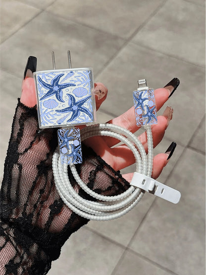5pcs Charger Protective Case Set, Ocean Element Shell & Starfish Pattern, Includes Data Cable Storage Accessories, 20W/18W Charging Adapter And Adapter Head Cover, Compatible With Apple 11/12/13/14/15