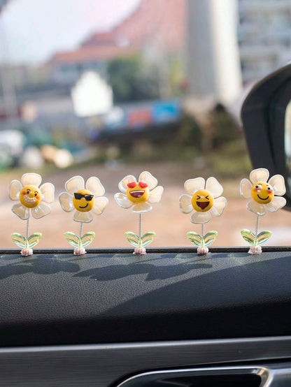5pcs Cute Expression Flower Car Decor Ornaments, Funny Interior Accessories