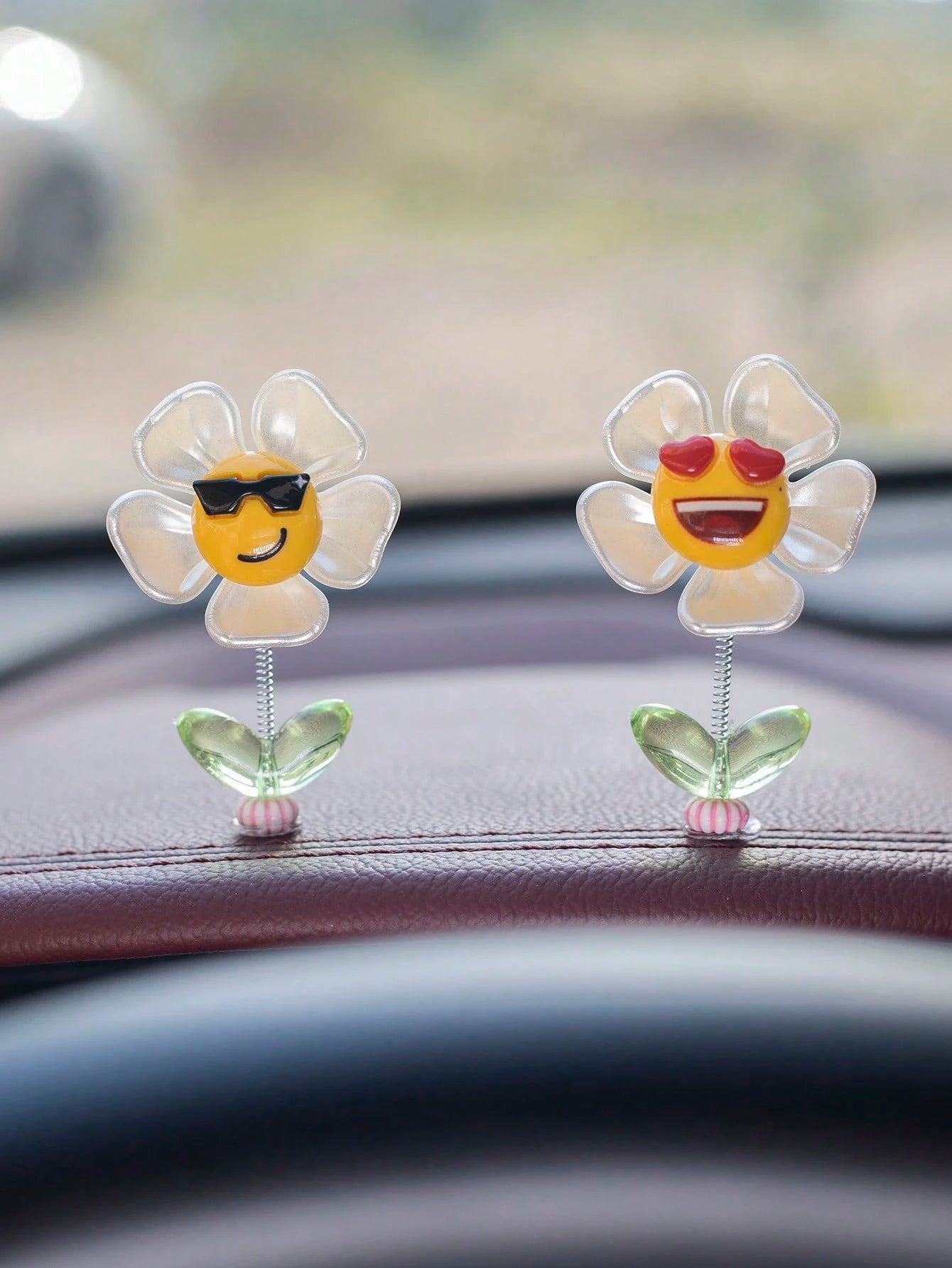 5pcs Cute Expression Flower Car Decor Ornaments, Funny Interior Accessories