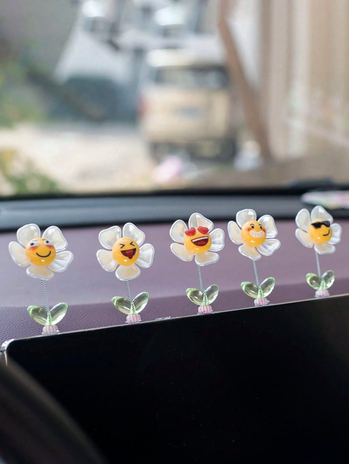 5pcs Cute Expression Flower Car Decor Ornaments, Funny Interior Accessories