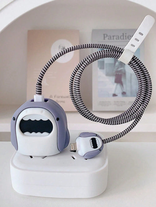 5pcs Gray Cartoon Cute Shark Design Protective Case Set Compatible With Apple 18/20W Charger & Cable, Includes Charger Adapter Cover, Cable Protector, Tidy Cable Management, Anti-Scratch, Anti-Collisi