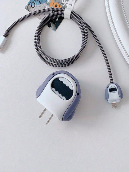 5pcs Gray Cartoon Cute Shark Design Protective Case Set Compatible With Apple 18/20W Charger & Cable, Includes Charger Adapter Cover, Cable Protector, Tidy Cable Management, Anti-Scratch, Anti-Collisi