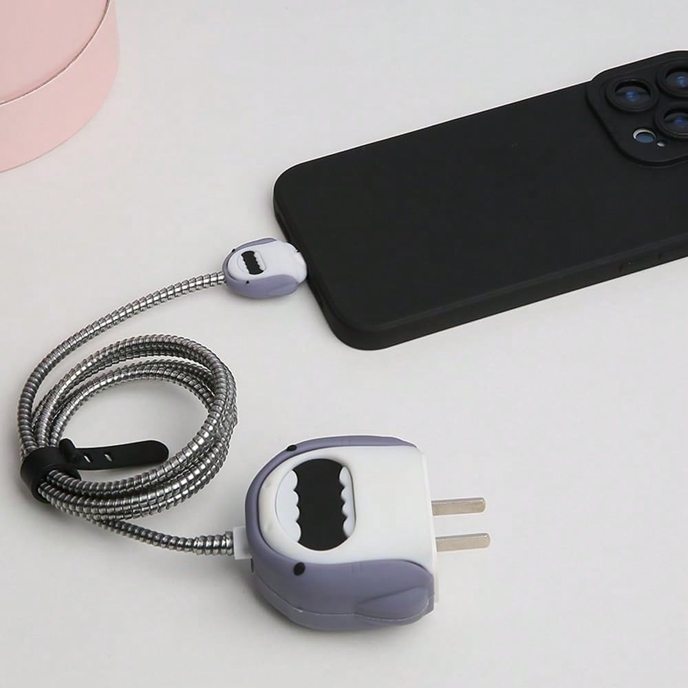 5pcs Gray Cartoon Cute Shark Design Protective Case Set Compatible With Apple 18/20W Charger & Cable, Includes Charger Adapter Cover, Cable Protector, Tidy Cable Management, Anti-Scratch, Anti-Collisi