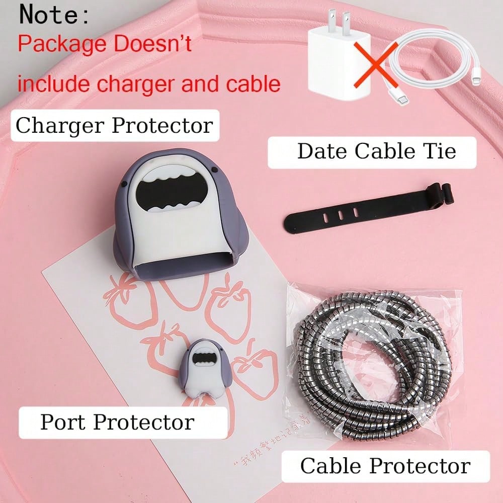 5pcs Gray Cartoon Cute Shark Design Protective Case Set Compatible With Apple 18/20W Charger & Cable, Includes Charger Adapter Cover, Cable Protector, Tidy Cable Management, Anti-Scratch, Anti-Collisi