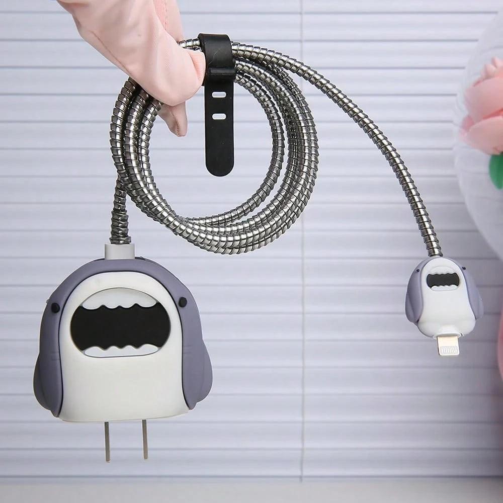 5pcs Gray Cartoon Cute Shark Design Protective Case Set Compatible With Apple 18/20W Charger & Cable, Includes Charger Adapter Cover, Cable Protector, Tidy Cable Management, Anti-Scratch, Anti-Collisi