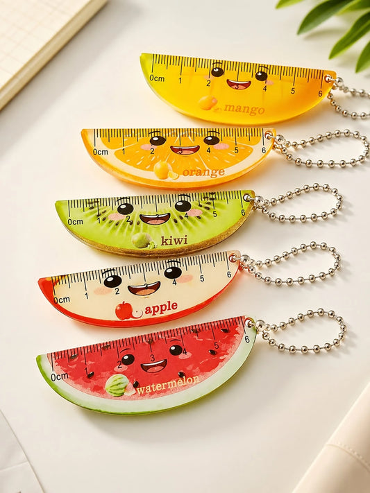 5pcs Mini Summer Fruit Watermelon Kiwi Orange Cute Cartoon Fruit Style Acrylic Ruler With Chain, Transparent Pocket Ruler, Palm-Sized Ruler, Backpack Pencil Case, Stationery Gift Small Pocket Measurin