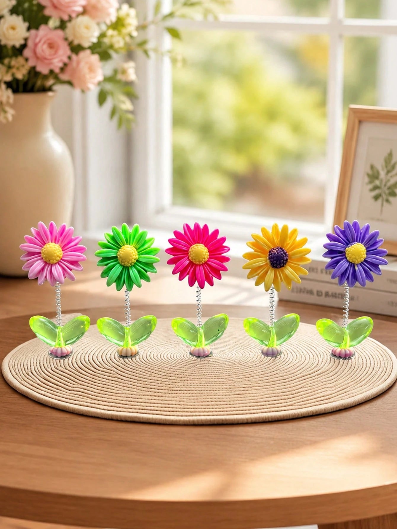 5pcs Mixed Color Cute Flower Car Dashboard Decor, Nodding Cute Flower Car Ornament, Floral Dashboard And Rearview Mirror Decoration, Resin Material